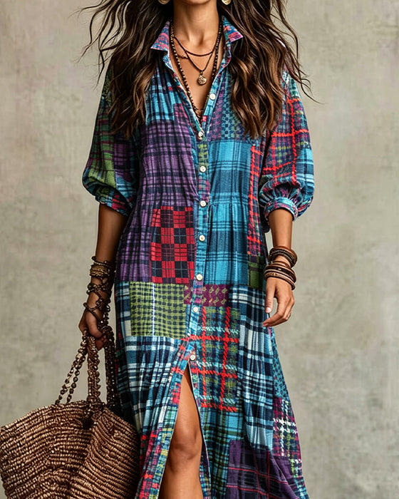 Jurk Halflange Mouw Geruit Split Shirt