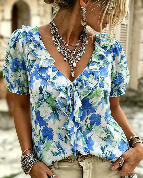 Blouse V-Hals Ruffle Ballon Mouw