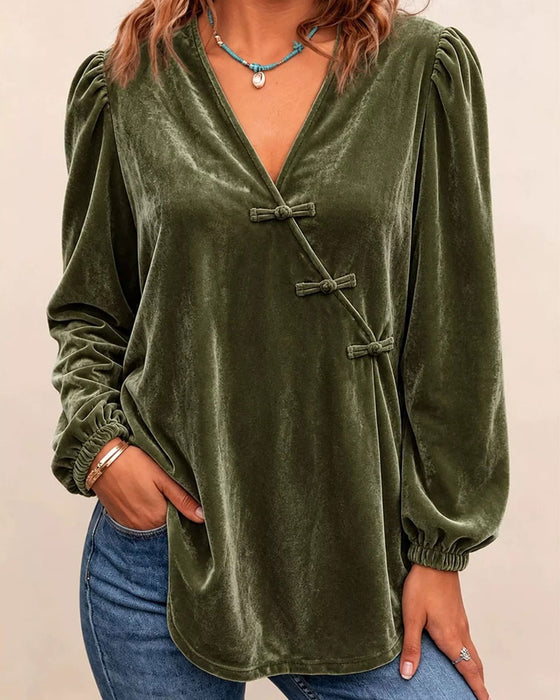 Blouse V-Hals Knoop Voor Cross Over Pofmouw