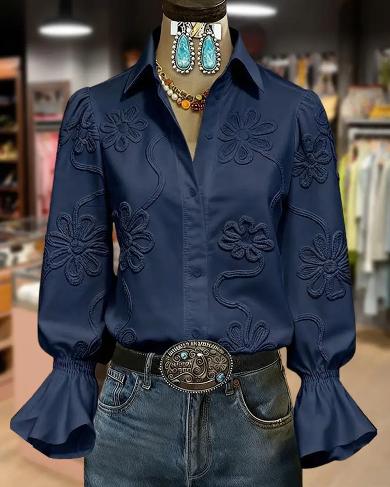 Shirt Bloem Uitlopende Mouw Mandarin Kraag
