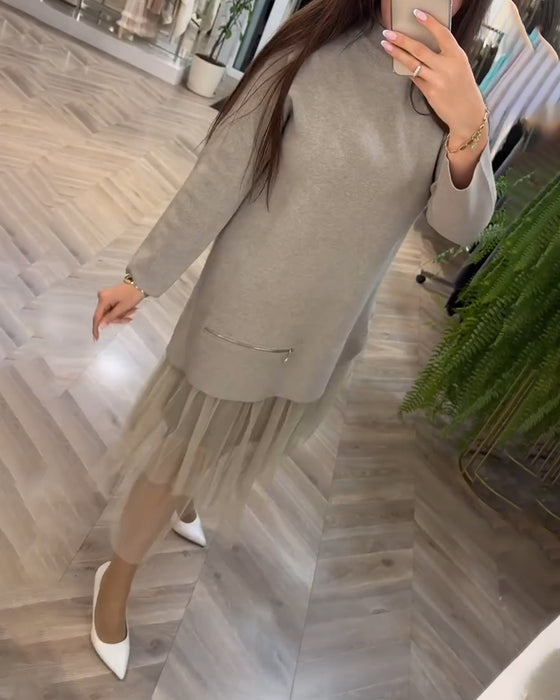 Jurk hoge kraag mesh patchwork