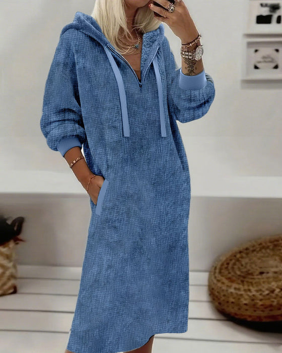 Jurk Van Fleece Met Waffelstof Casual Met Capuchon