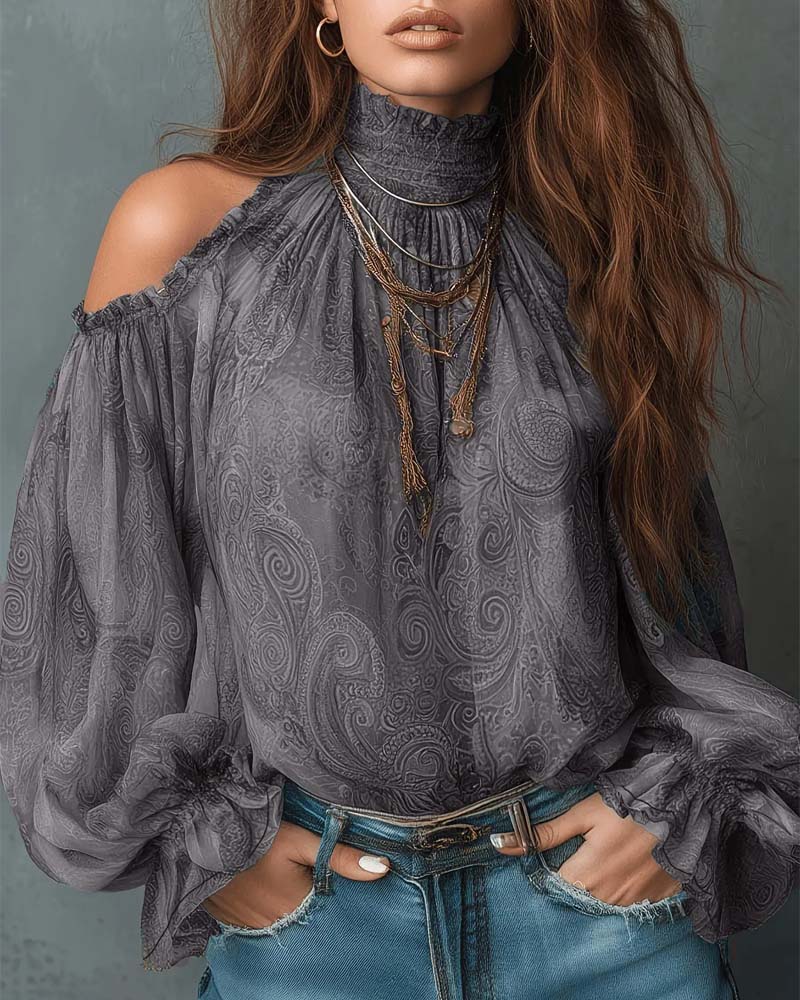 Blouse Bedrukt Off-Shoulder Mandarin Kraag