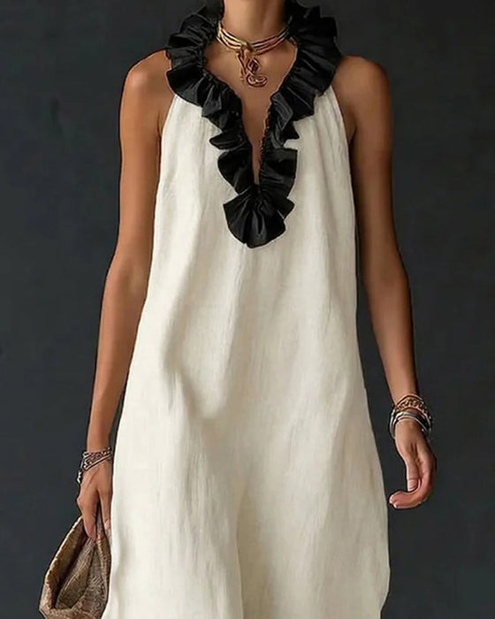 Jurk Contrast Gerimpeld Mouwloos Lang