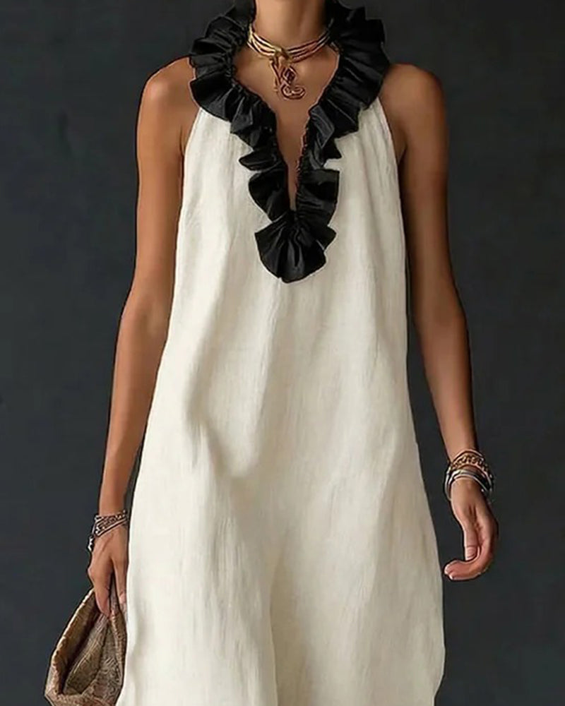 Jurk Contrast Gerimpeld Mouwloos Lang