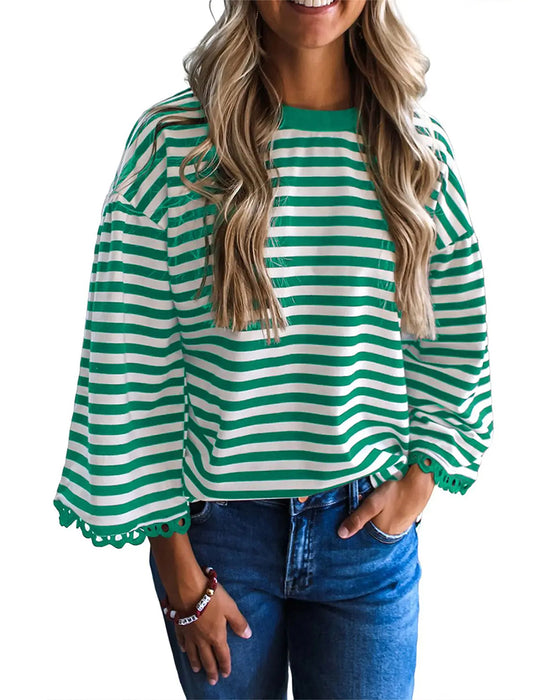 Blouse Ronde Hals Drop Schouder Streep Uitsnede