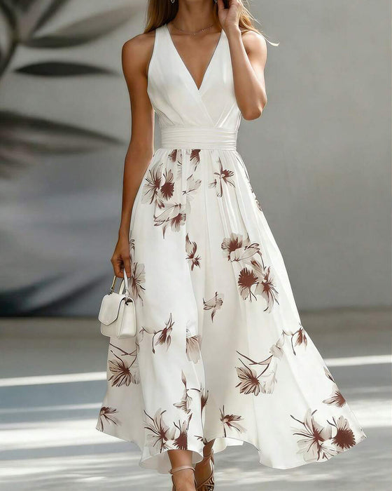Jurk Mouwloos V-Hals Taille Bloemen
