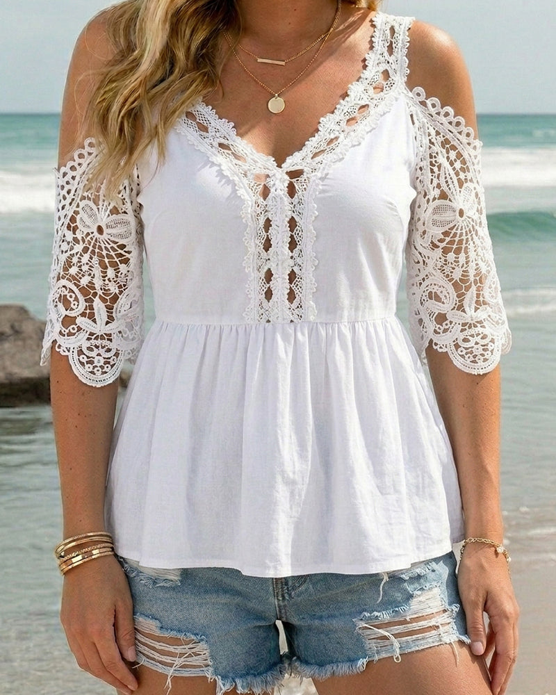 Blouse Met Koude Schouder V-Hals Kant Patchwork