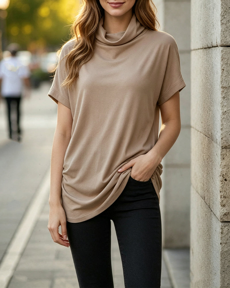 Blouse Mock Hals Korte Mouw Zijde Gerimpeld