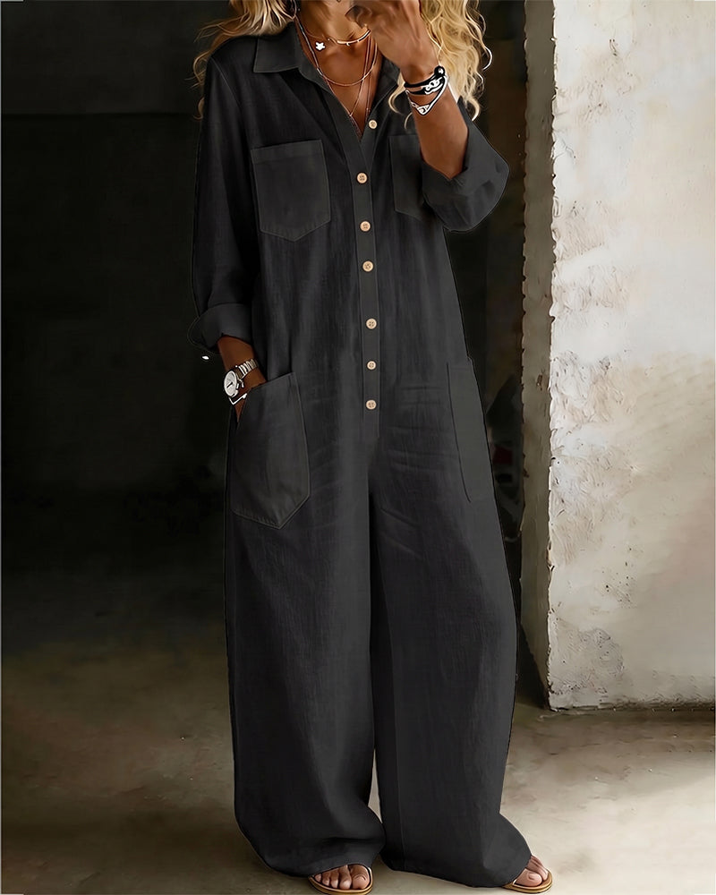 Jumpsuit 100% Katoen Omslagkraag Casual Wijd Pijp
