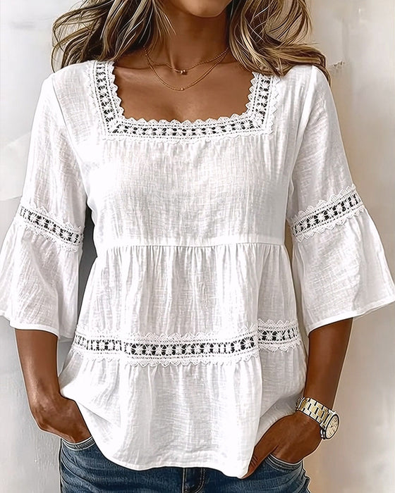 Blouse Korte Mouw Kantpaneel Vierkante Hals