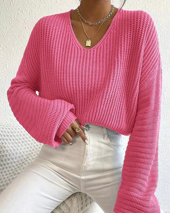Pullover V-Hals Kort Vallende Schouder Lange Mouw