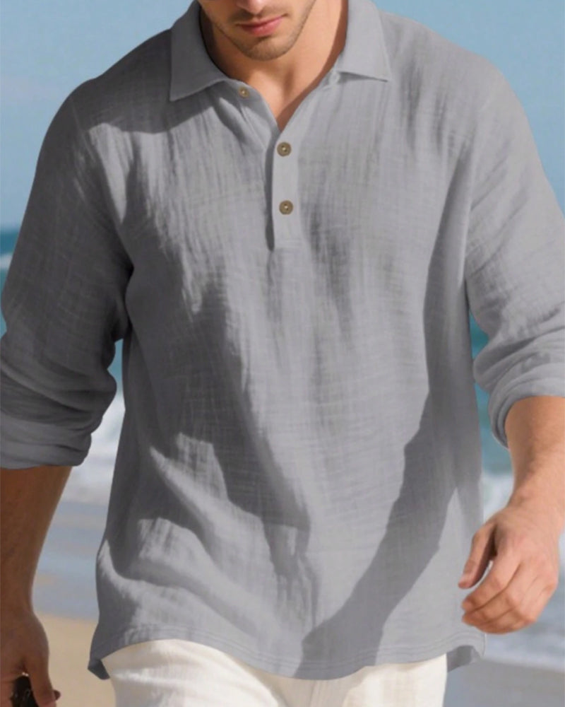 Overhemd Heren Lichtgewicht Los Linnen Lange Mouw Polo