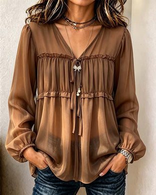 Blouse V-hals Lantaarnmouw Geplooid