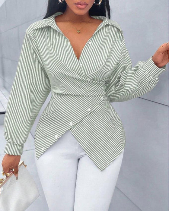 Blouse Streep Stropdas Lange Mouw