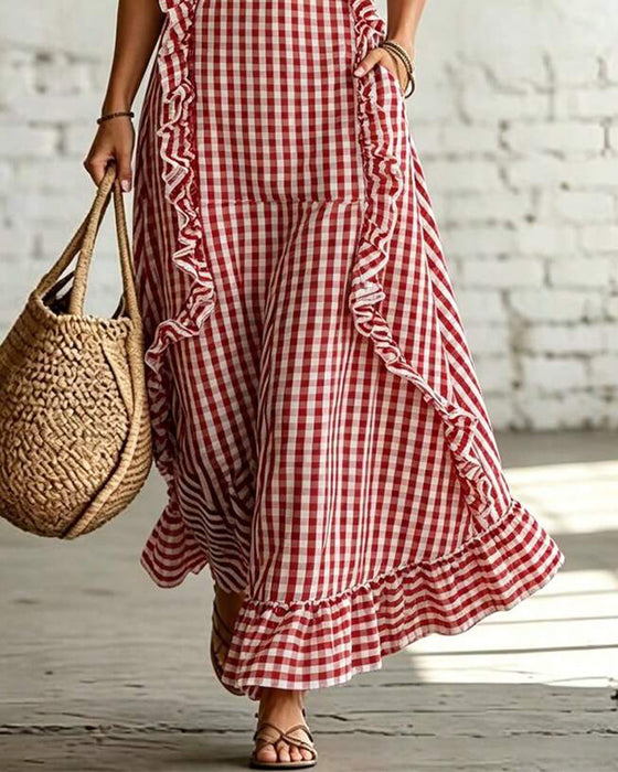 Jurk V-Hals Ruffle Ruit Mouwloos Maxi