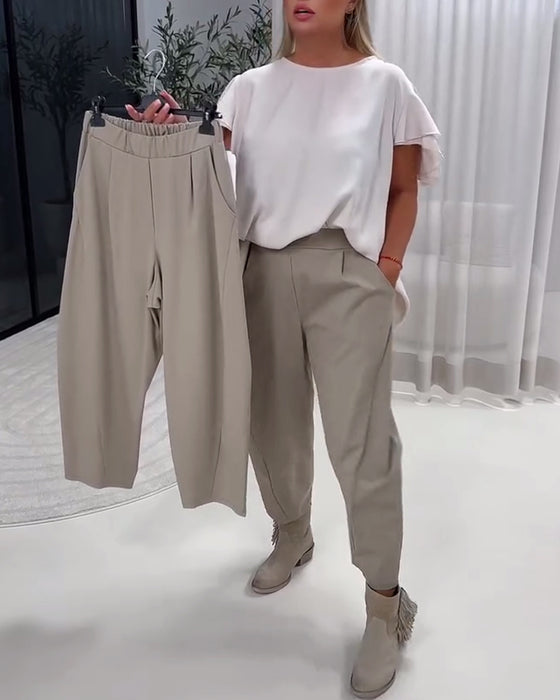 Modieuze Effen Kleur Broek Met Elastische Taille