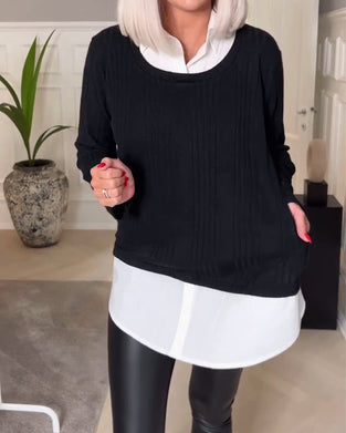 Casual revers nep tweedelige top met patchwork en lange mouw