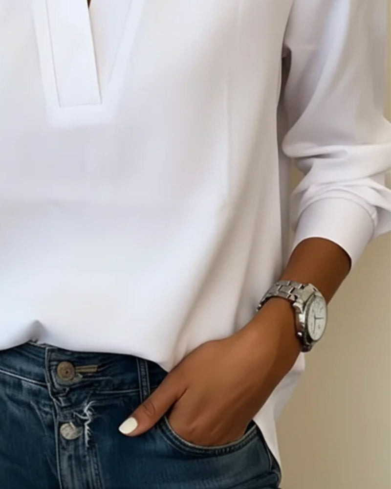 Top Van 100% Katoen Met V-Hals En Driekwart Mouw