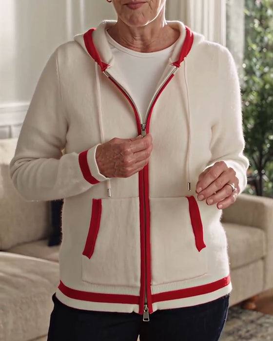 Cardigan Met Capuchon Volledige Rits Contrast Trui