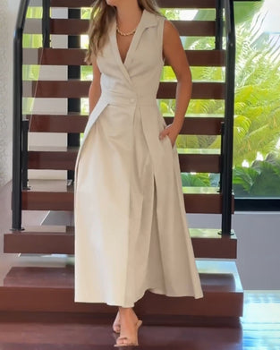 Mouwloze revers elegante effen kleur jurk