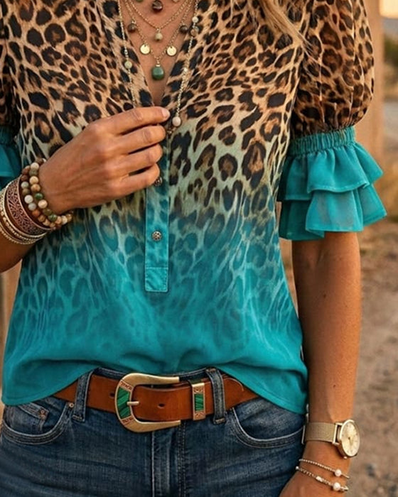Luipaardprint V-Hals Verloop Ruche Blouse