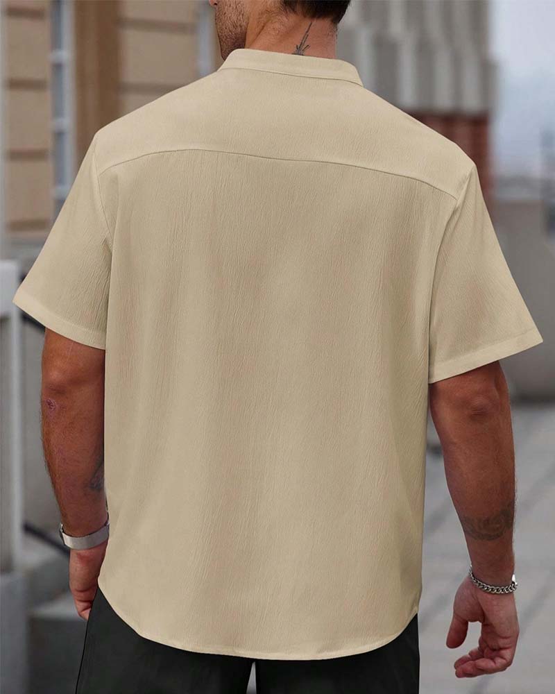 Shirt Gestructureerde Opstaande Kraag Korte Mouw