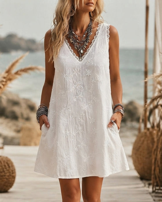 Jurk Met V-Hals Kant Patchwork Mouwloos