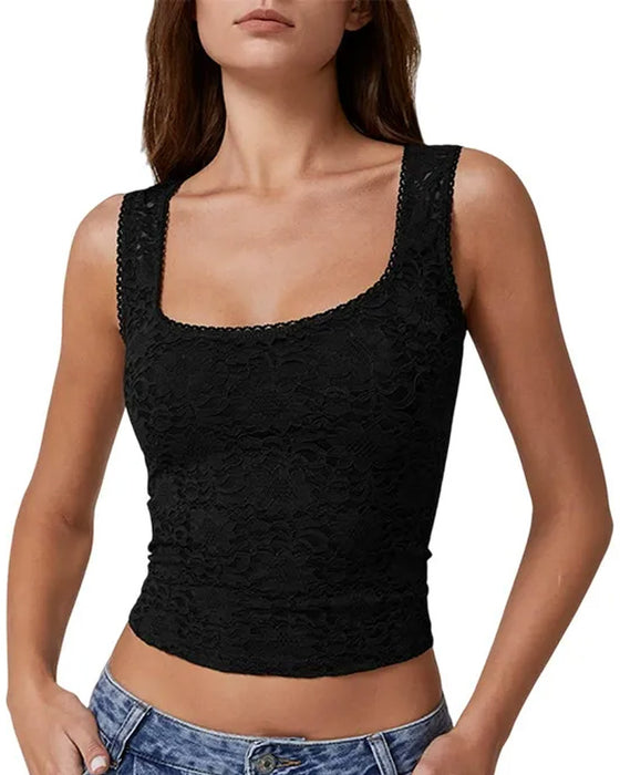 Tank Top Kant Rand Vierkante Hals Mouwloos