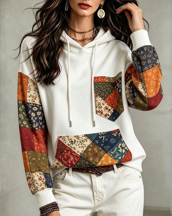 Hoodie Patchwork Print Met Capuchon