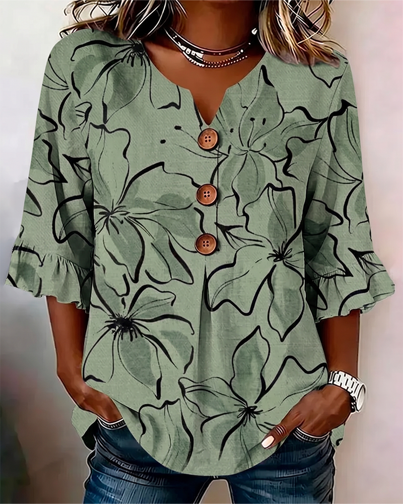 Blouse V-Hals Bloemen Ruche 3/4-Mouw