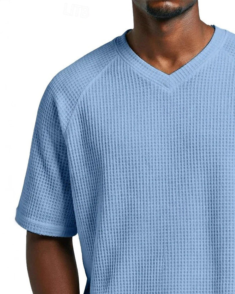 Heren V-Hals T-Shirt Met Wafelstructuur, Casual Short-Sleeve Top In Effen Kleur