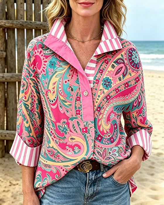 Blouse Patchwork Bloemen Afdruk Casual