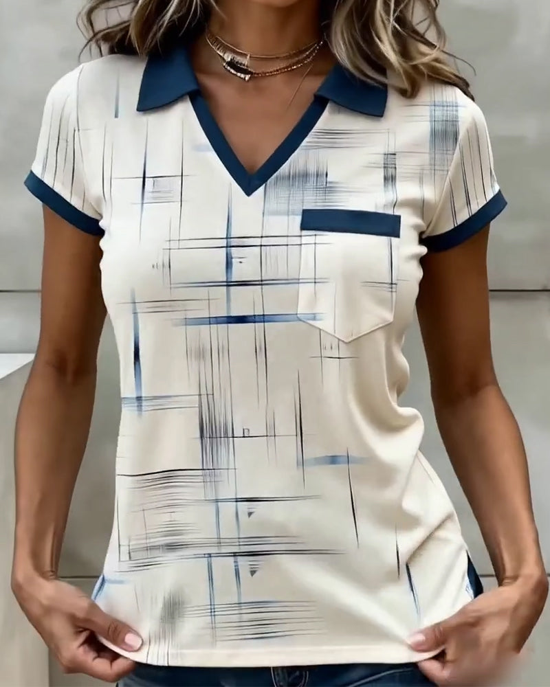 Top V-Hals Bedrukt Color-Block