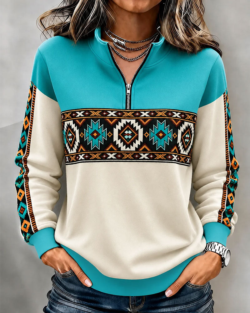 Hoodie Etnisch Geometrische Print Halfrit Mandarin Kraag
