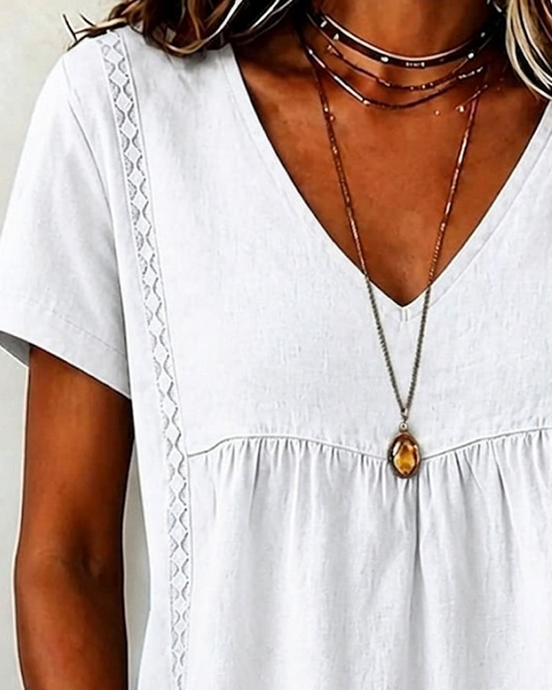 Blouse V-Hals Gerimpeld Korte Mouw
