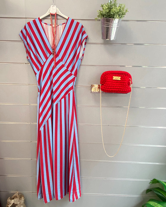 Jurk V-Hals Gestreept Taille-Benadrukkend Maxi