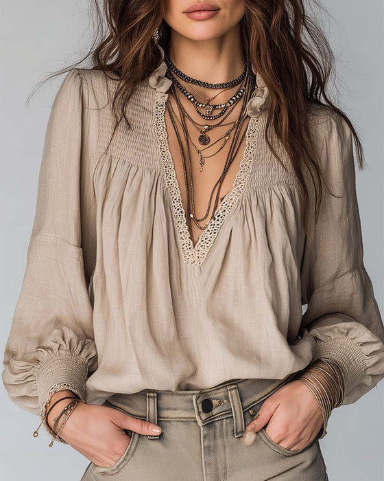 Blouse Diepe V-Hals Pofmouwen