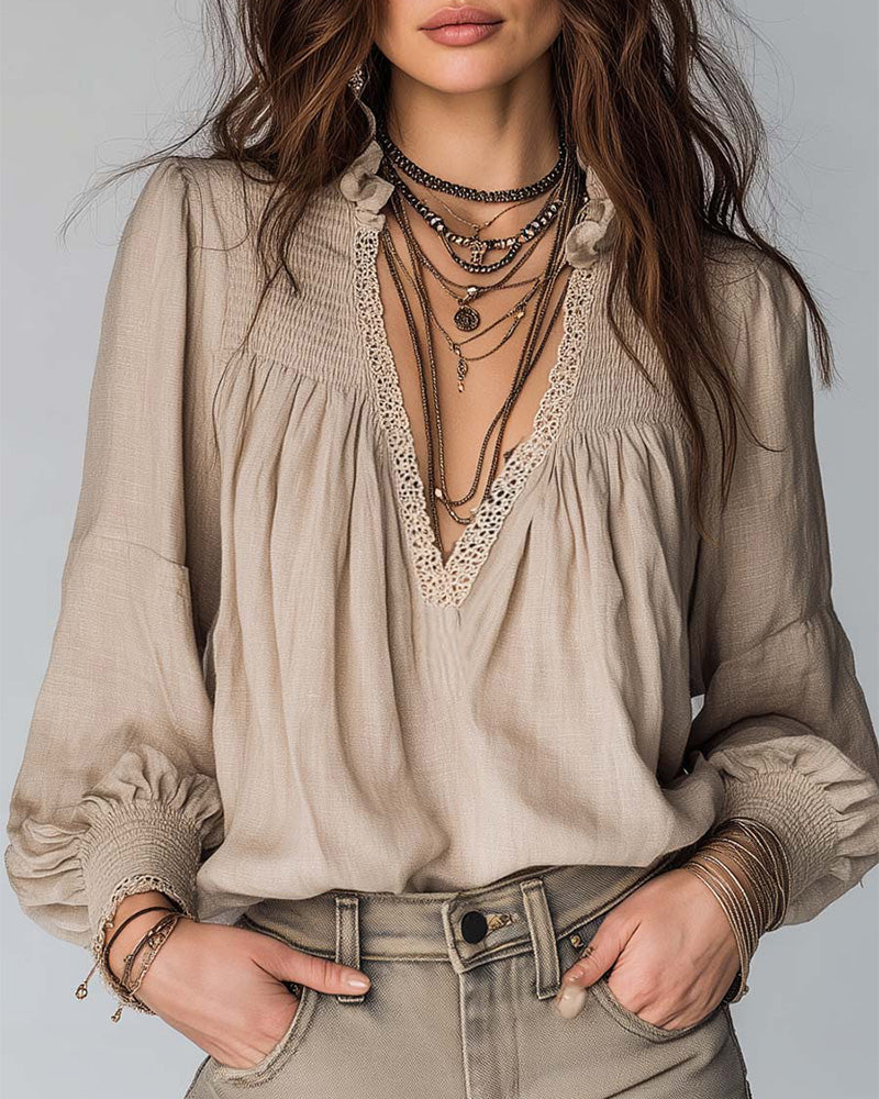 Blouse Diepe V-Hals Pofmouwen