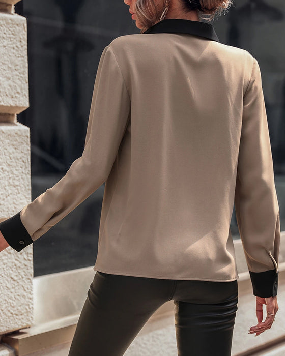 Blouse Met Kraag Ontwerp, Kleurblok Detalj En Elegante Sfeer