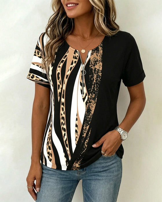 T-Shirt Rits Luipaard Print Kleurblok Casual