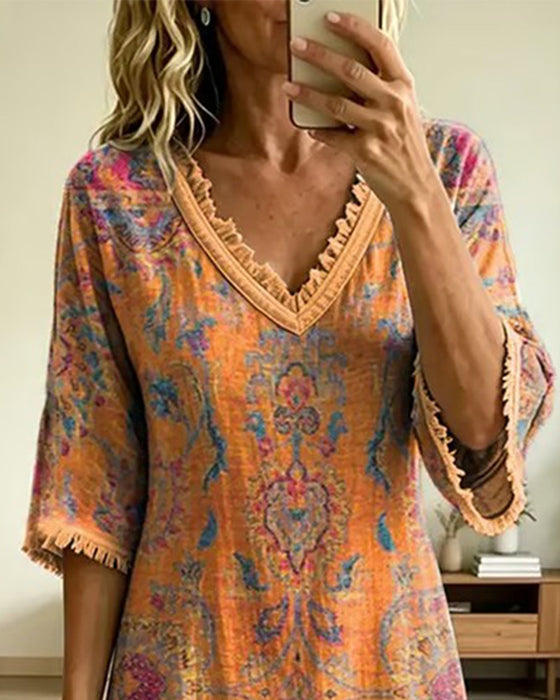 Jurk Vintage V-Hals Bloemenprint