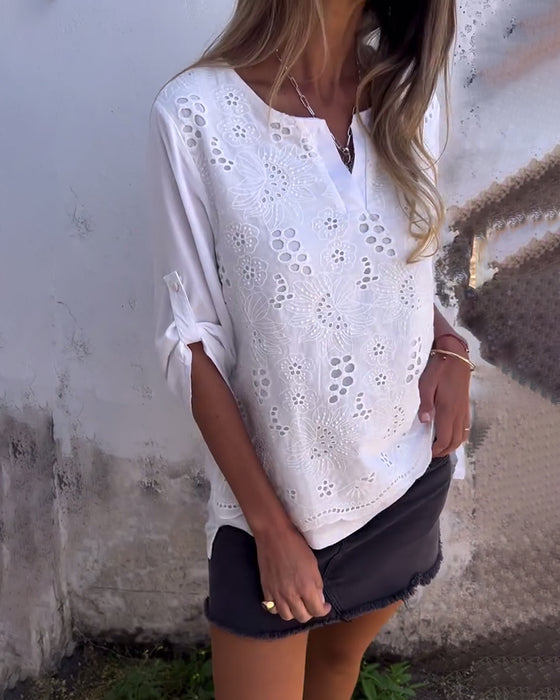 Blouse Effen Kleur Patchwork Bedrukt Oprolbare Mouw