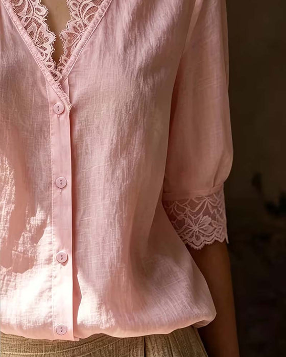Blouse V-Hals Kant Patchwork Effen Driekwart Mouw