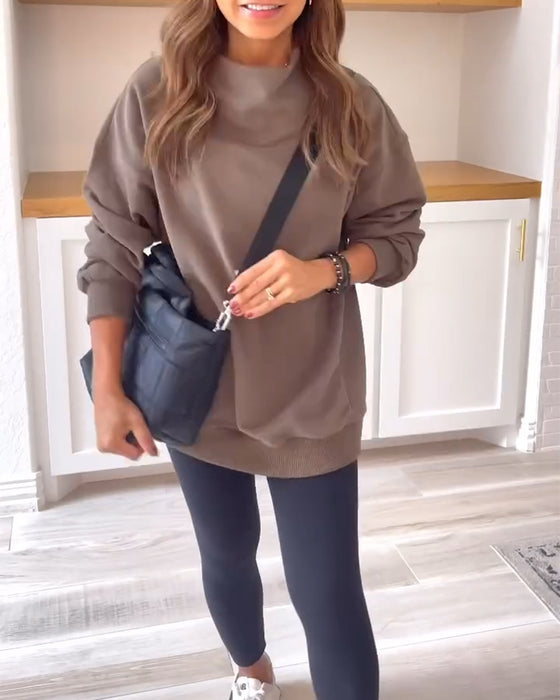 Retro effen kleur sweatshirt met split en opstaande kraag