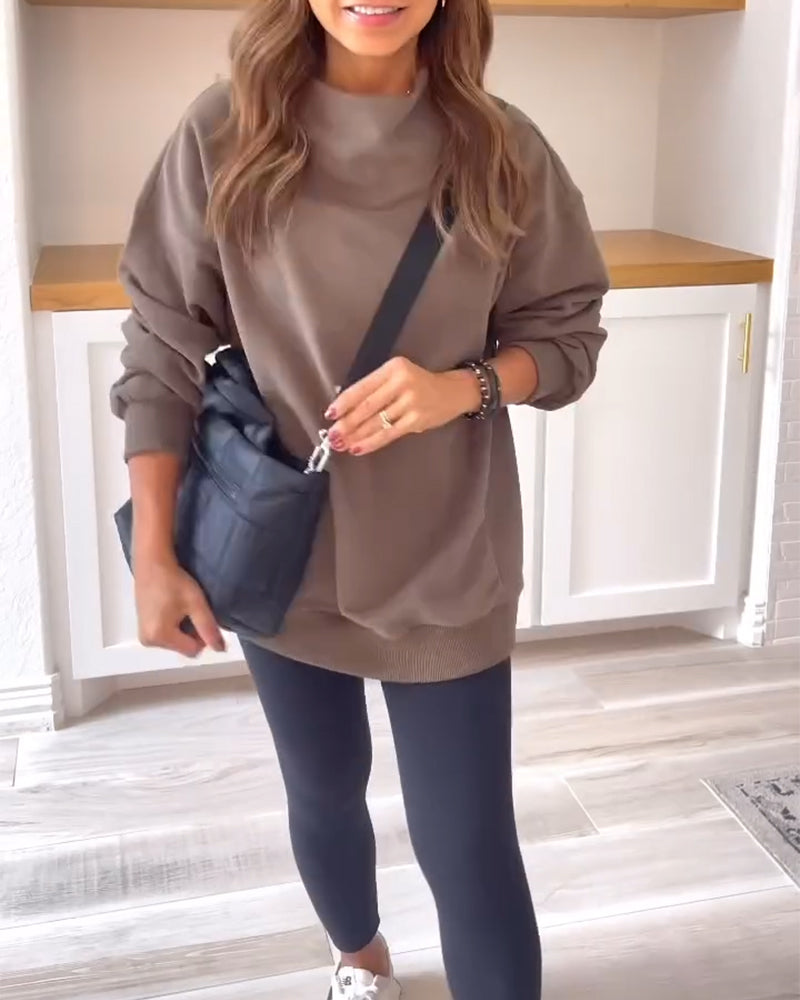 Retro effen kleur sweatshirt met split en opstaande kraag