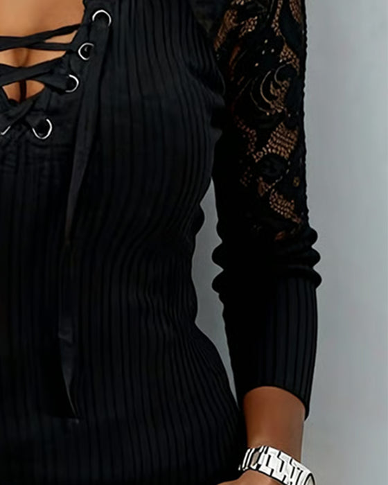 Blouse Kant Raglan Stropdas Lange Mouw