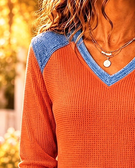 Blouse Casual V-Hals Patchwork Denim