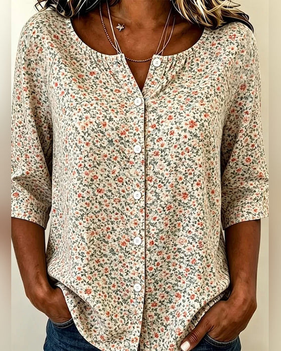 Blouses Ronde Hals Knoop Bloemen Driekwart Mouw