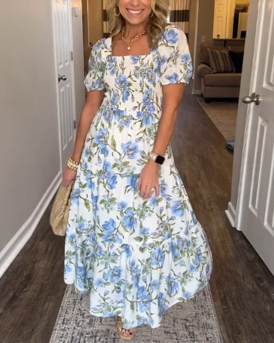 Jurk Vierkante Hals Plissé Bloemen A-Lijn